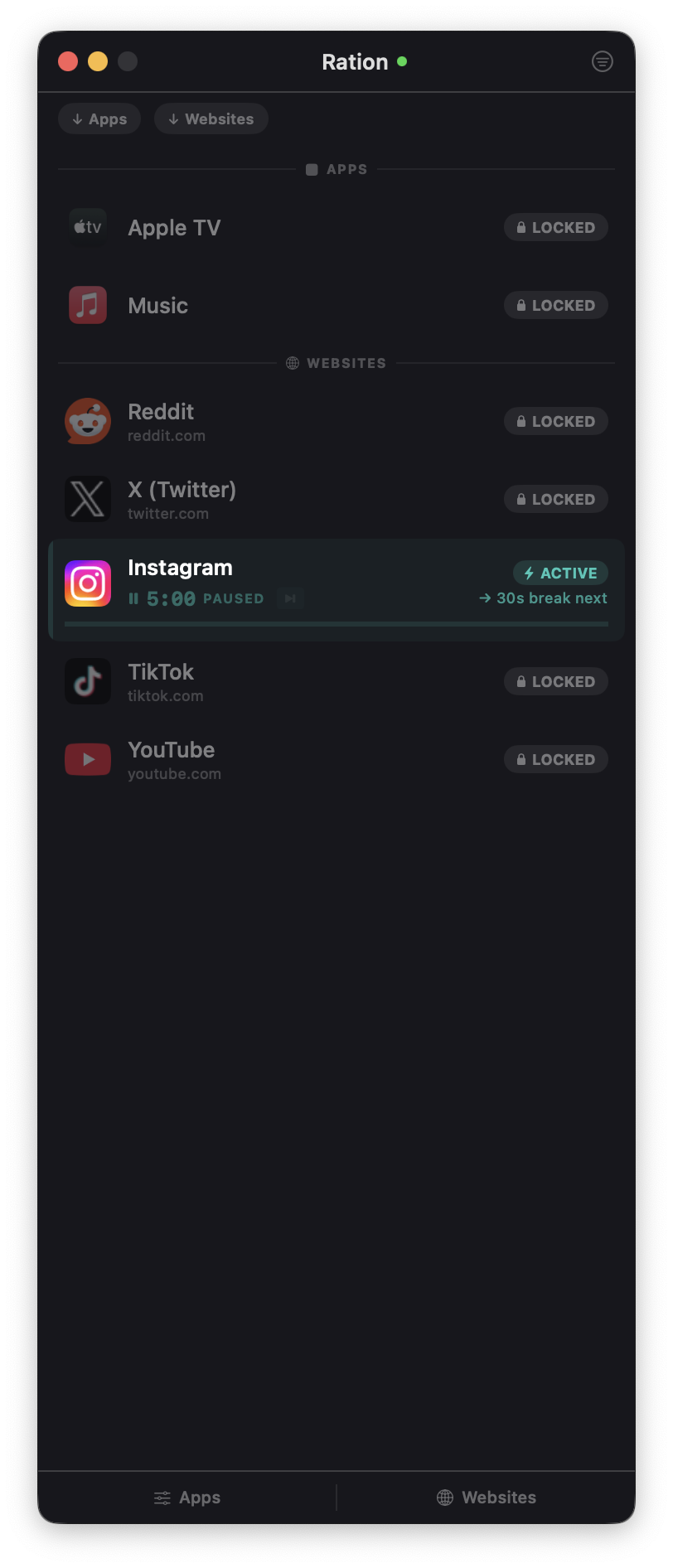 Ration HUD showing apps and websites locked by default with Instagram in Interrupted mode