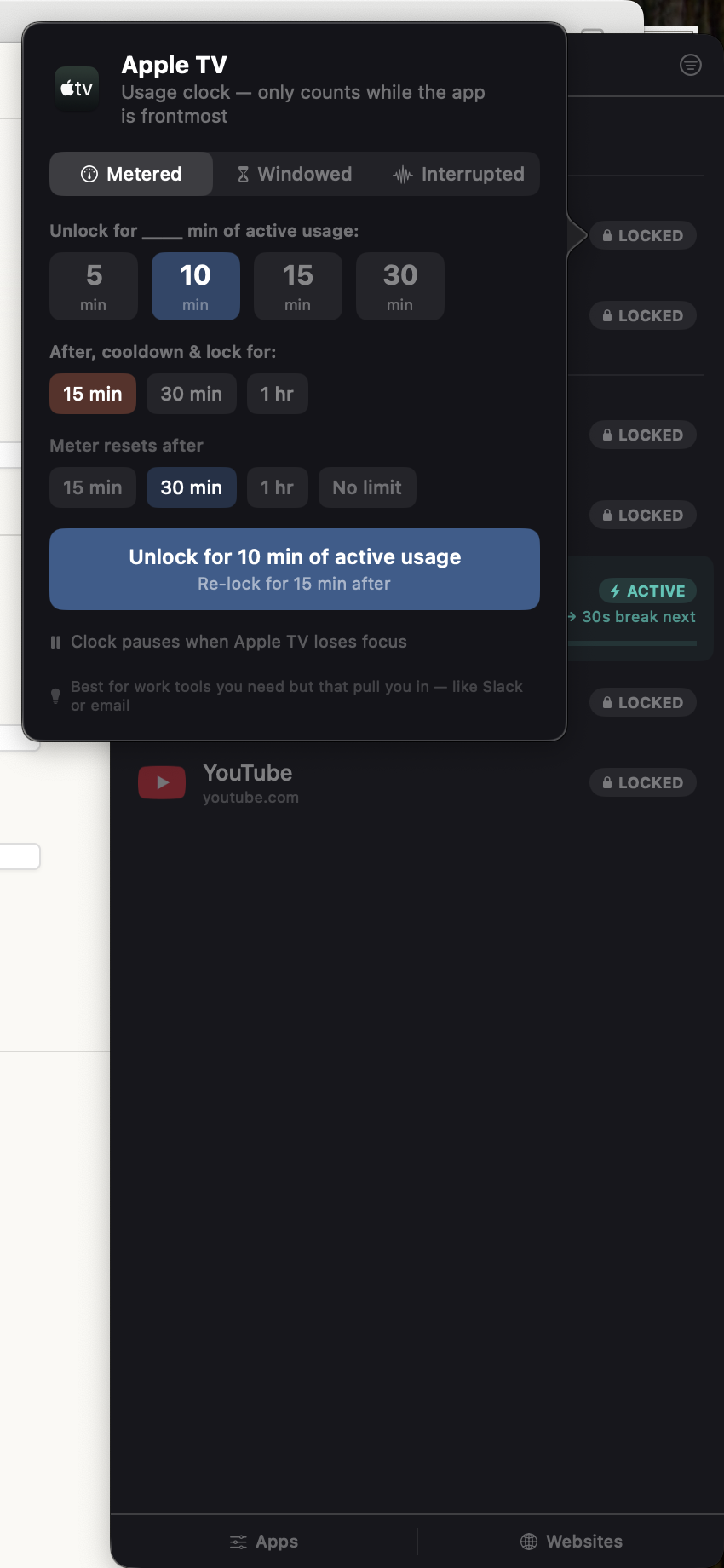 Ration unlock picker showing Metered, Windowed, and Interrupted modes